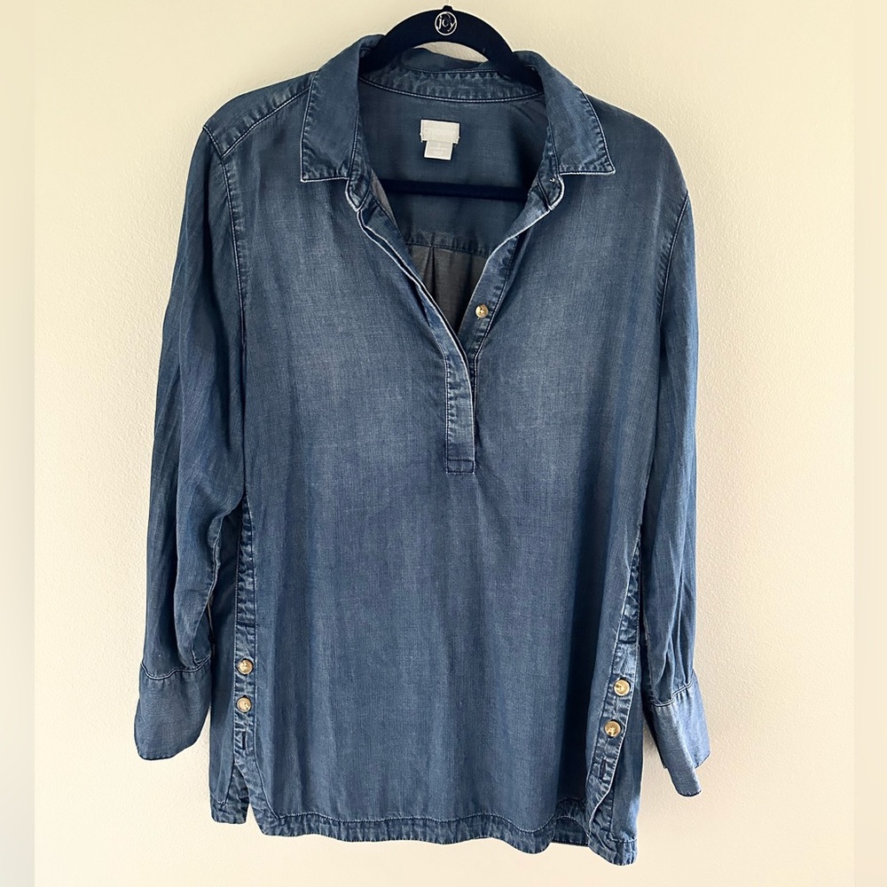 Chico's denim Button Down Shirt Relaxed Polo Collar